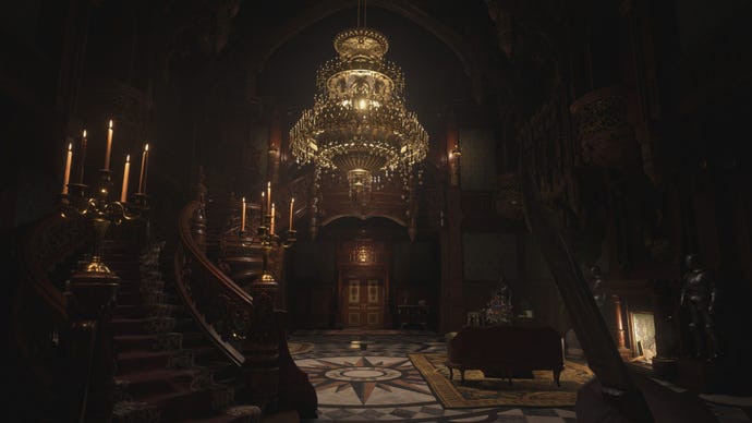 A screenshot of Castle Dimitrescu's interior on Resident Evil Village's Prioritise Graphics preset