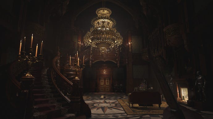 A screenshot of Castle Dimitrescu's interior on Resident Evil Village's Prioritise Performance preset
