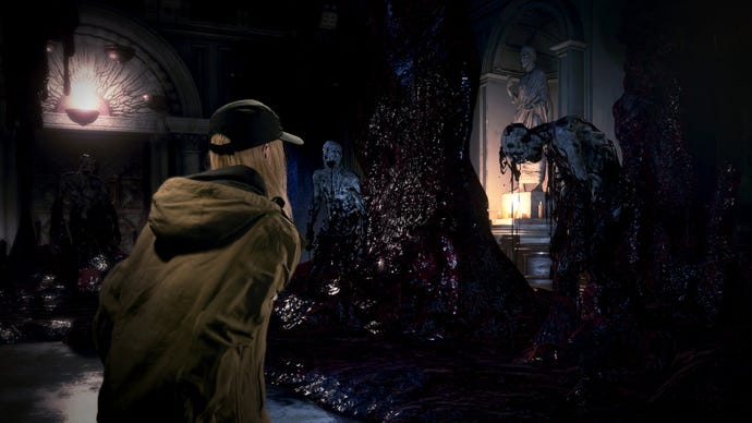 Rose stares at two mold men glooping out of some gungey walls in Resident Evil Village's Shadows Of Rose DLC