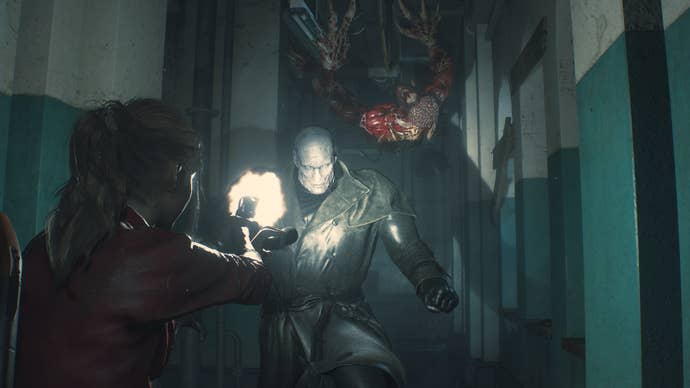 Mr X. rounds a corner, ready to assault Claire Redfield.