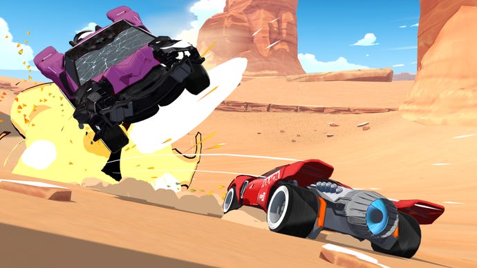 One car smashes into another in Resistor, a narrative RPG combat racing game.
