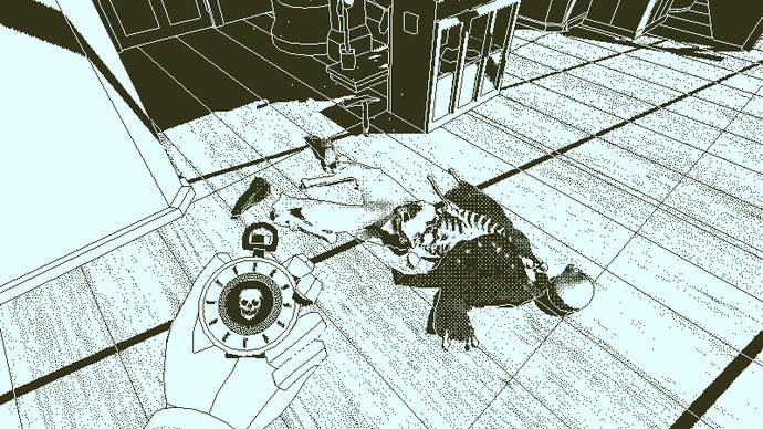 Staring at a skeleton in a Return of the Obra Dinn screenshot.