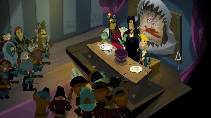 The residents of Brrr-Muda attend a test of who can eat the most raw fish in Return To Monkey Island