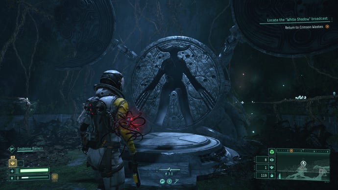 A Returnal screenshot showing Selene coming face-to-face with a strange alien creature in a tomb-like area.
