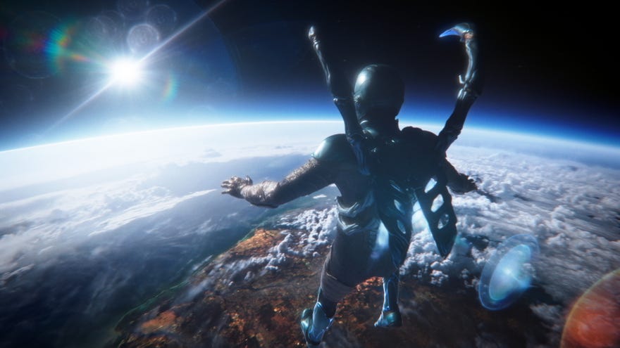 Movie still featuring Blue Beetle floating up in the stratosphere