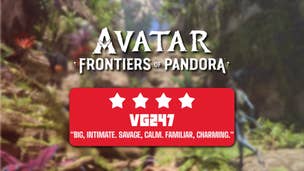 Review header for Avatar: Frontiers of Pandora, stating that the game is "BIG, INTIMATE. SAVAGE, CALM. FAMILIAR, CHARMING" and giving it 4 stars.