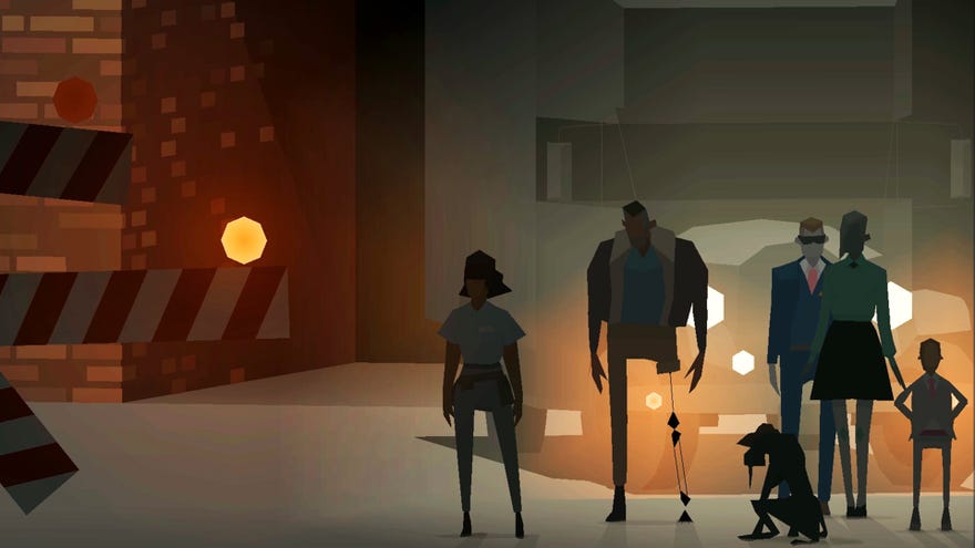The case of Kentucky Route Zero stand outside a building in front of some car headlights.