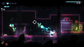Revita - In a 2D platformer level the player character aims a reticle at three green, flying enemies.