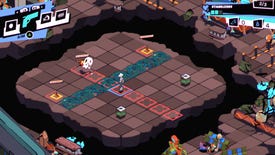 RFM - On a grid board, a player stands in an enemy's line of attack shown by red outlined grid spaces