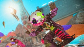 A close up of a snowboarder in Riders Republic. He is in the middle of a sick race, is wearing a purple jumpsuit enhanced with spikes and pink stripes, and has a giant panda head mask with further neon artistic flourishes to it.