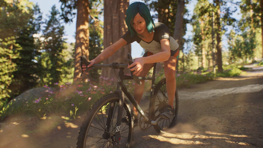 Cycling along in a Riders Republic screenshot.