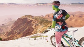 A Riders Republic rider on their bike, on top of a snowy mountain, looking out over a cliff at some sandy and dusty terrain