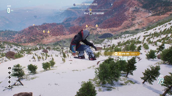 A snowboard in mid-air in Riders Republic