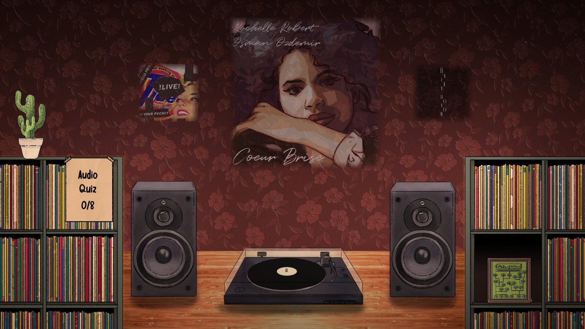 A screenshot from musical puzzle game Riley & Rochelle showing the player choosing which record to listen to