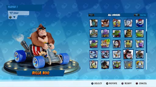 The character selection screen in Crash Team Racing Nitro Fueled, featuring a 