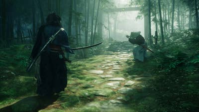 A screenshot from Rise of the Ronin, showing the player character pointing a sword at another character in a bamboo forest