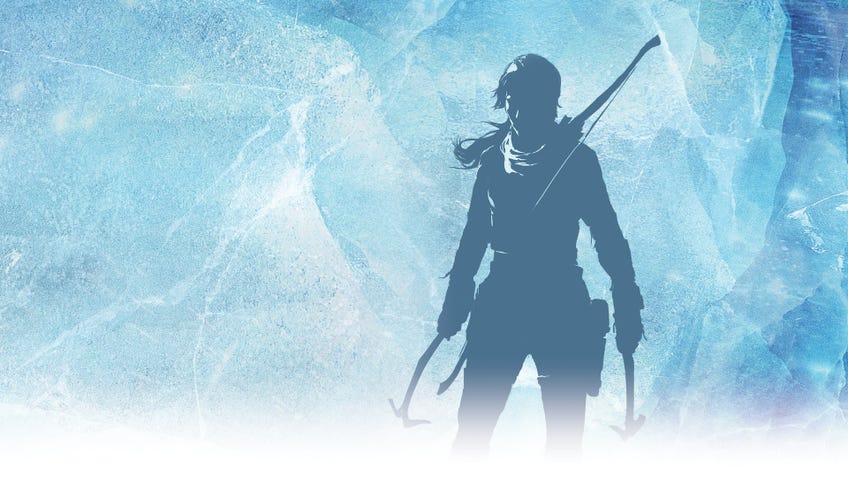 Lara Croft silhouette on an icy blue background, promotional image for Rise of the Tomb Raider