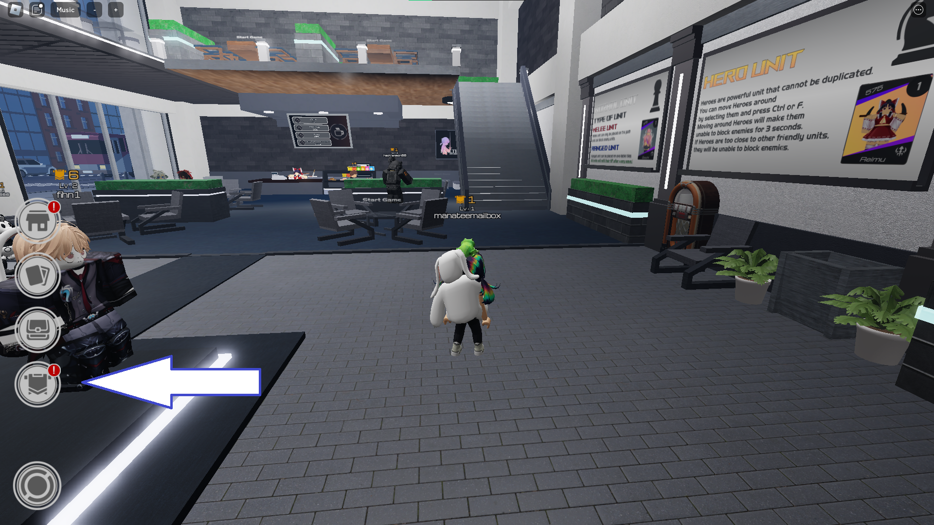 Снимок экрана из Rise Tower Defense в Roblox, показывающий кнопку доступа к меню.