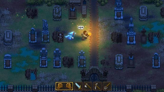 The graveyard in Graveyard Keeper, but the keeper is being visited by a ghost.
