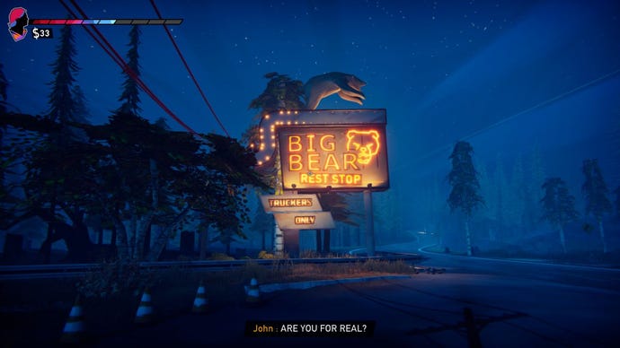 A screenshot of a neon sign for a truckstop in Road 96. It says BIG BEAR REST STOP and then TRUCKERS ONLY underneath, in orange yellow neon.