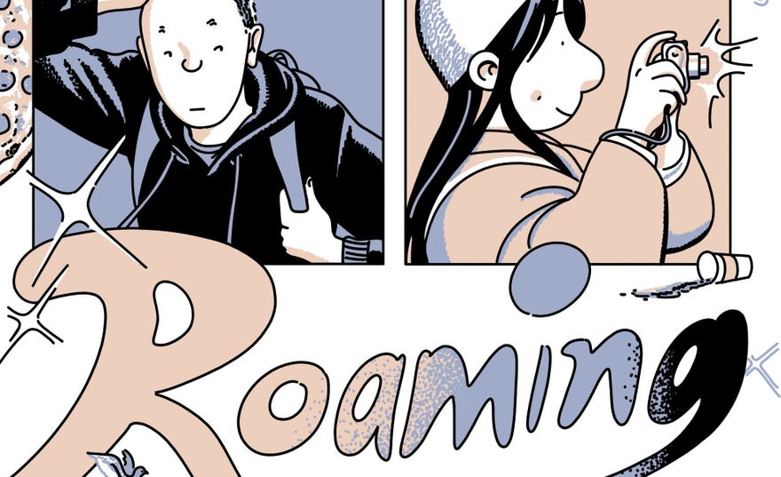 Cropped cover of Roaming featuring two characters and a large stylized title