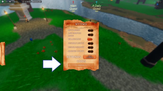 A screenshot from RoBending Online showing the game's codes menu.