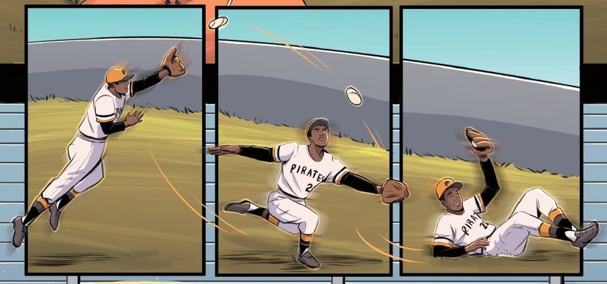 Three panels featuring Roberto Clemente catching a ball