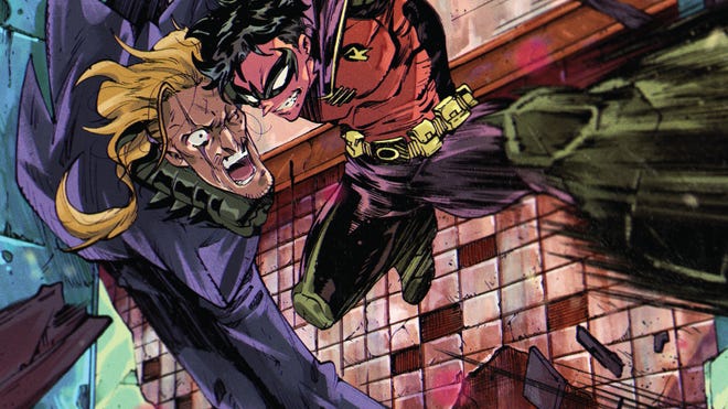 An image of Tim Drake as Robin in a fight