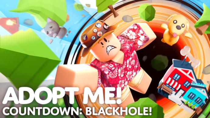 A Roblox character and his pets are pulled into a vortex along with their home, in this banner image for the Countdown: Blackhole! event in Adopt Me!