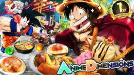 Two terrifying versions of popular anime characters dig into a buffet in a promo image for Roblox's Anime Dimensions Simulator 1st anniversary.