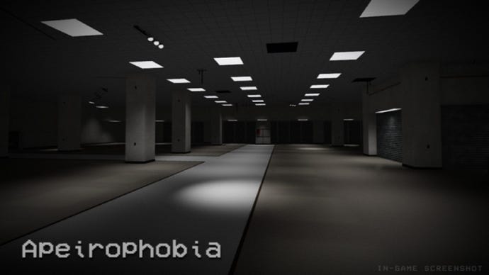 A seemingly endless empty hallway conjures up nightmarish images of being stuck in the office all night in Apeirophobia on Roblox.