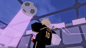 A player about to take a shot in Roblox football game Azure Lock.