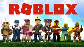 Eight Roblox characters representing various game genres standing in a line. Text reads "Roblox".