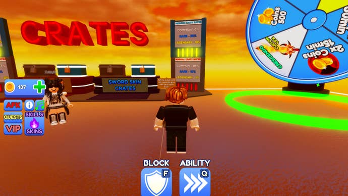 A Roblox character in the game Blade Ball, heading towards the crates section and the giant wheel.
