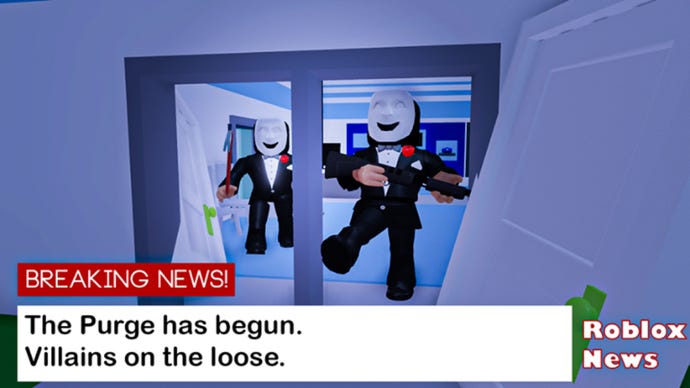 A TV shows a "Roblox News" report featuring two armed villains in tuxedos and spooky masks. Headline reads "The Purge has begun".