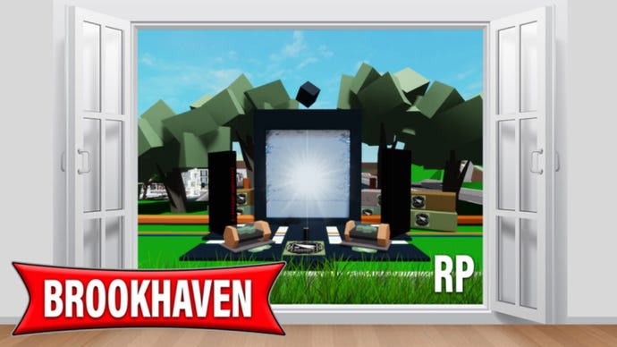 The 2022 banner for Brookhaven RP on Roblox shows an outdoor media centre beyond a pair of folding patio doors.