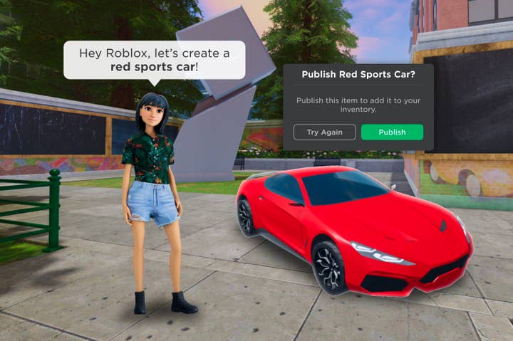A screen from Roblox showing an avatar saying "Hey Roblox let's create a red sports car" and there's a red sports car next to them along with a dialog box asking if they want to publish the red sports car.