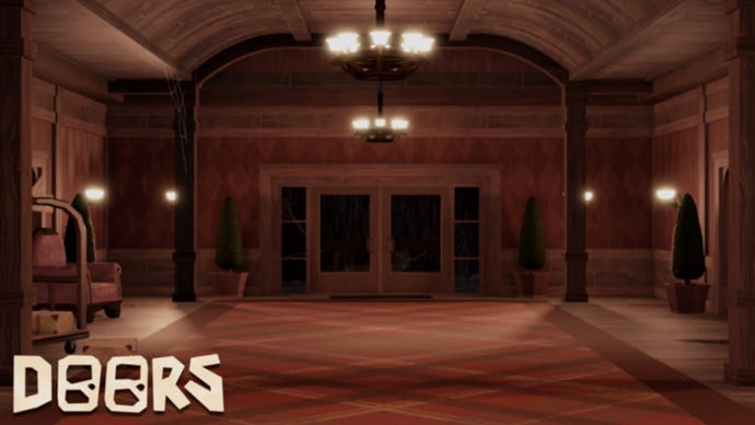 An empty hotel lobby with a large double door at the end of it in the Roblox horror game Doors.