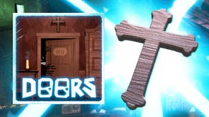Artwork for Roblox horror game DOORS showing the game's logo and a crucifix with a shining white light around it.