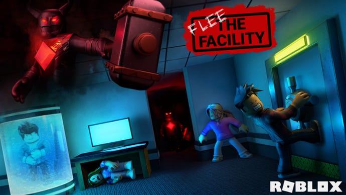 Two monsters threatens several Roblox figures as they try to unlock a door in a spooky lab. Text reads "Flee the Facility - Roblox".