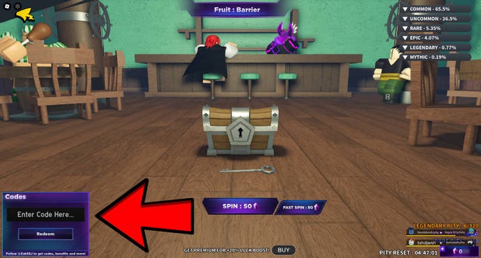 A red arrow pointing at the option to redeem codes in Fruit Battlegrounds.