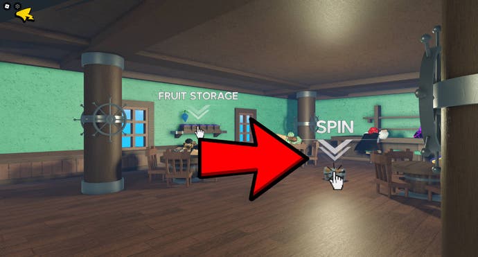 An arrow pointing at the spin option on the screen after selecting 'Spin Fruit' from the main menu.