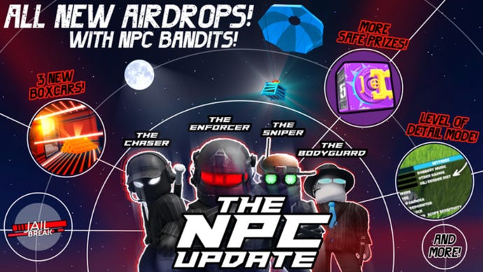 A banner advertising a major 2022 update to Jailbreak on Roblox, featuring new NPCs and airdrops.