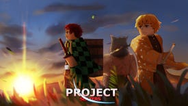 Three Robloxified anime characters strike a dramatic pose against the rising sun in promotional art for Project Slayers on Roblox.
