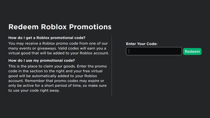 A screenshot of the Roblox promo code page, where you can enter codes to redeem them for free items.