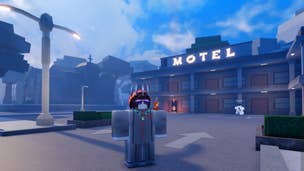 Roblox, Reaper 2 a character is standing outside the Motel near a street lamp.