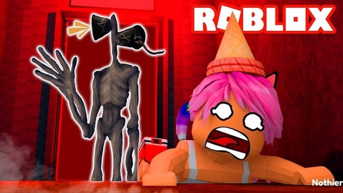 A screaming Roblox character is dragged by the feet by a monstrous two-headed (but rather upbeat looking) figure.