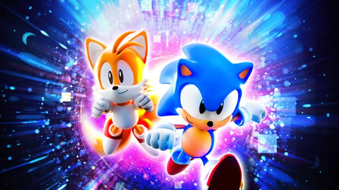 Tails and Sonic race through a cosmic highway of lights in the official Sonic experience on Roblox.