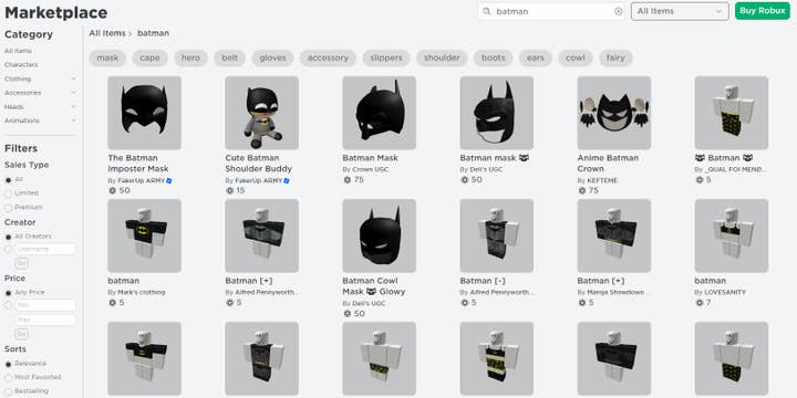 A screenshot of the Roblox Marketplace search results for 