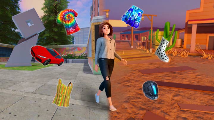 A Roblox avatar stands in front of a background split between two different scenes, a city scene and a desert scene. The avatar is surrounded by smaller pictures of cars, clothes, and electronics that creators can make in Roblox.